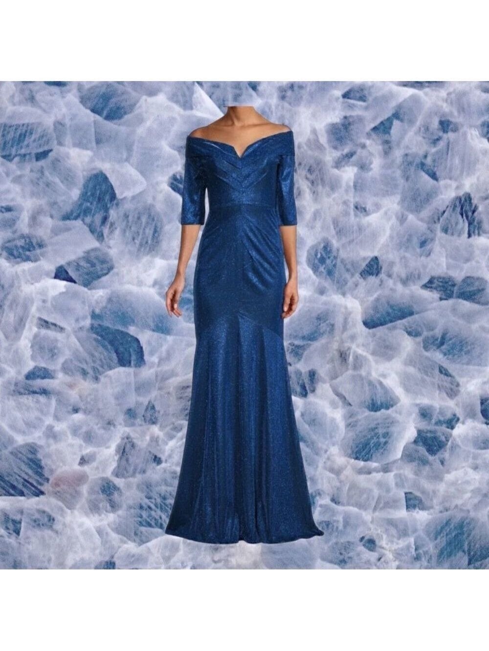 Rene Ruiz Metallic Blue Off the Shoulder Gown Size 10
